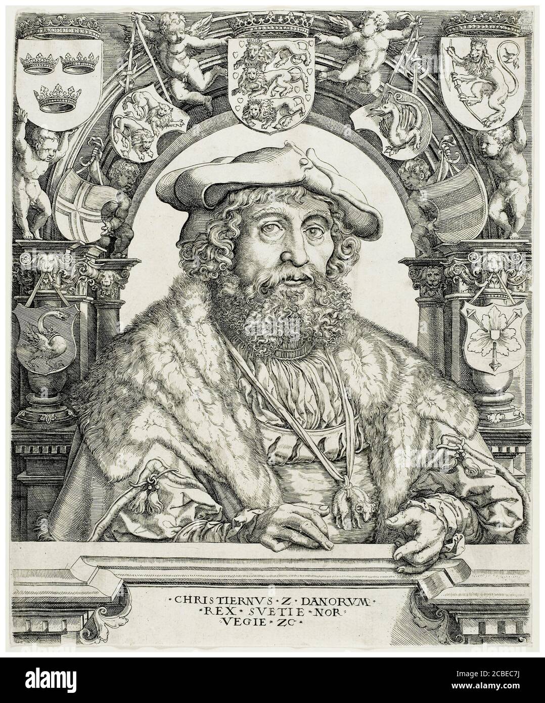 King Christian II of Denmark (1481-1559), portrait engraving by Jacob Binck after Jan Gossaert, circa 1529 Stock Photo