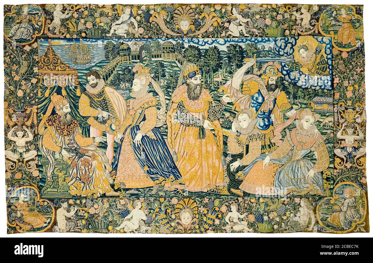 Old Testament story of Esther and the Persian King Ahasuerus, 16th Century tapestry,  1575-1599 Stock Photo