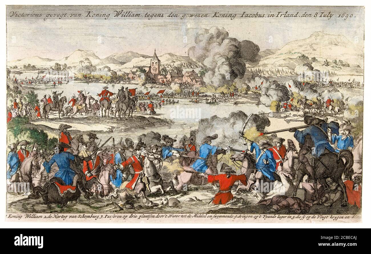 The Battle of the Boyne, Ireland, between deposed Catholic King James II of England and Protestant King William III of England on 1st July 1690 (OS), print after Jan Luyken, 1692-1694 Stock Photo