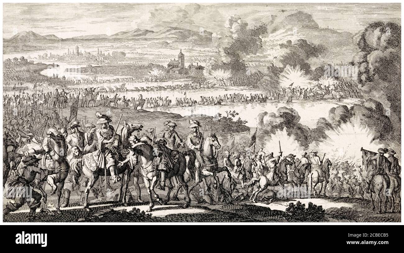 The Battle of the Boyne, Ireland, between deposed Catholic King James II of England and Protestant King William III of England on 1st July 1690 (OS), print by Jan Luyken, 1703 Stock Photo