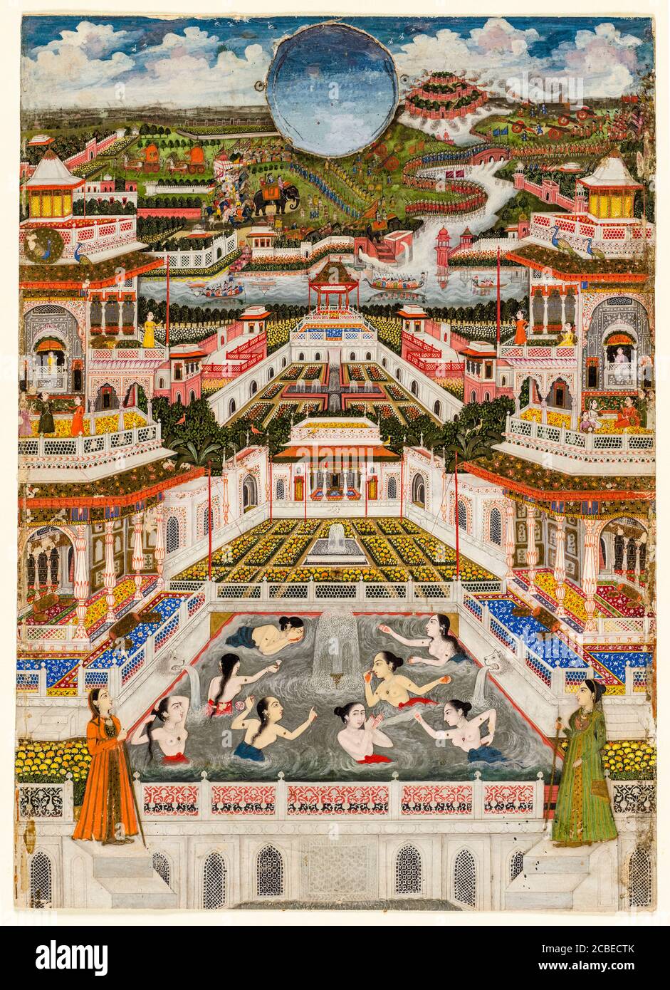 Women bathing before an architectural panorama, painting by 18th Century Indian artist Fayzullah, circa 1765 Stock Photo