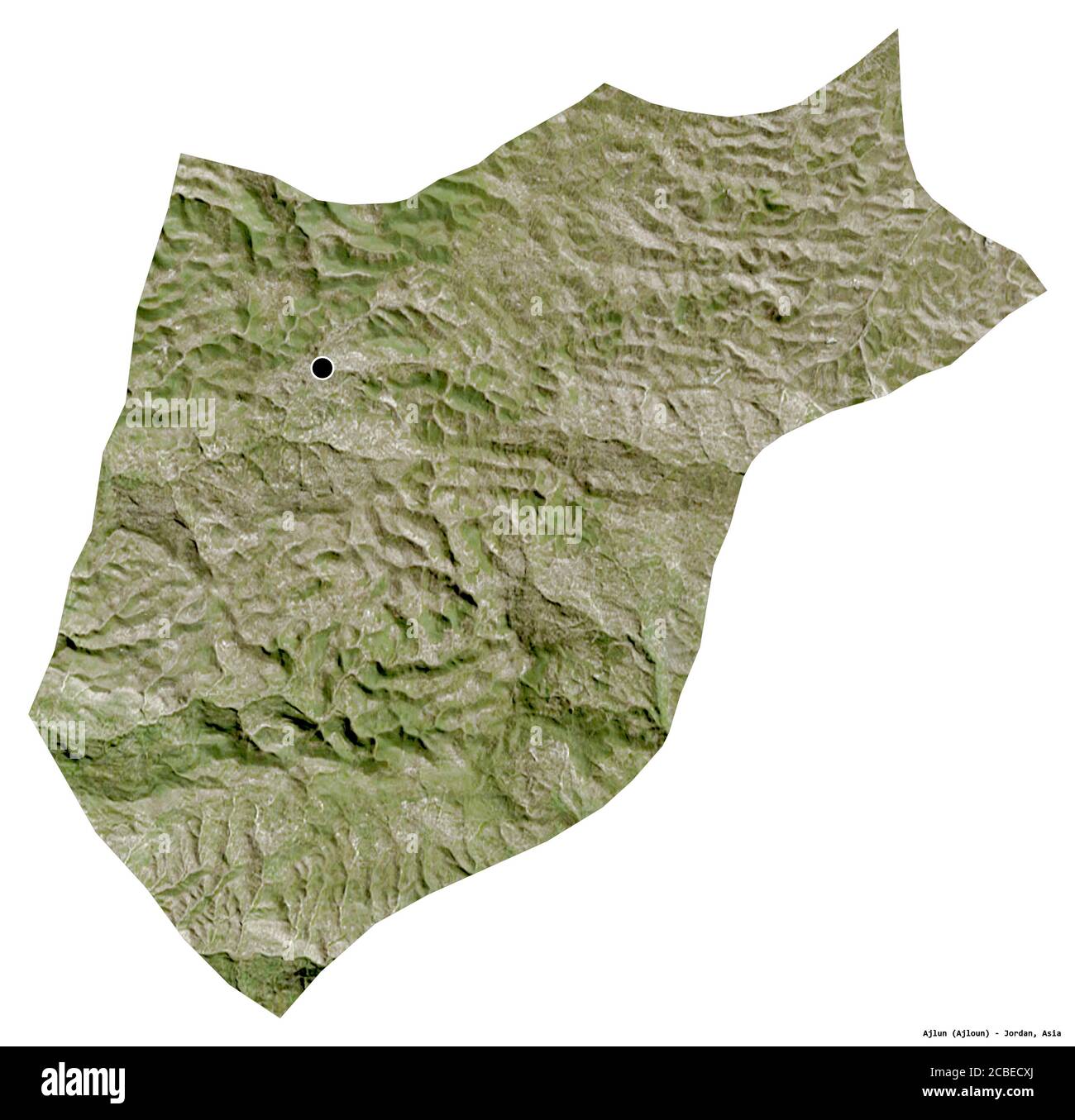 Shape of Ajlun, province of Jordan, with its capital isolated on white background. Satellite imagery. 3D rendering Stock Photo