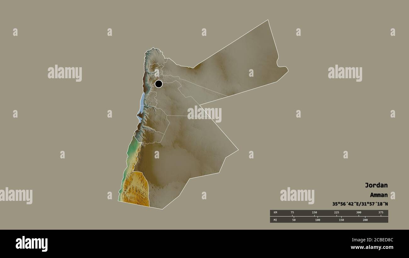 Desaturated shape of Jordan with its capital, main regional division and  the separated Aqaba area. Labels. Topographic relief map. 3D rendering  Stock Photo - Alamy