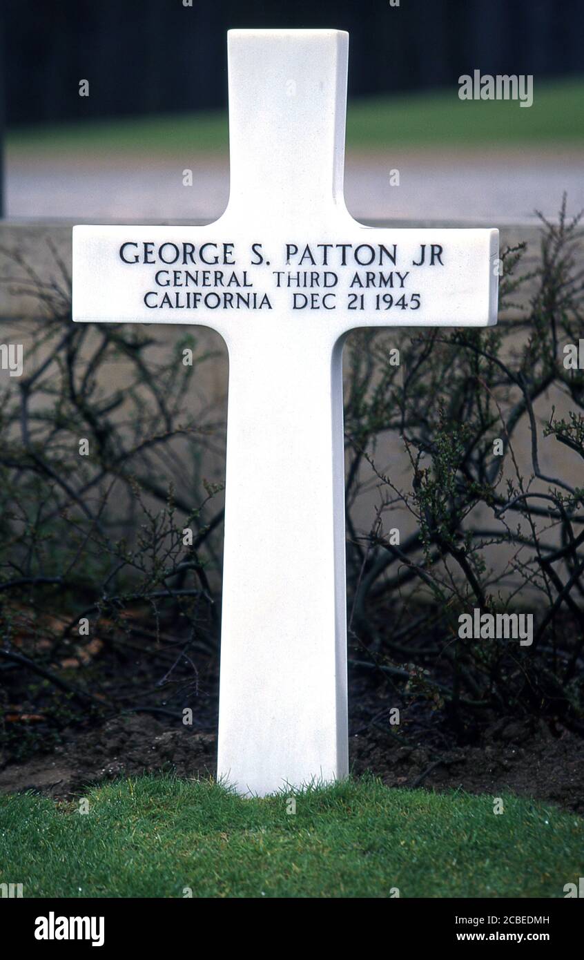 General George S Patton Jr's grave in the Luxembourg American cemetery. Stock Photo