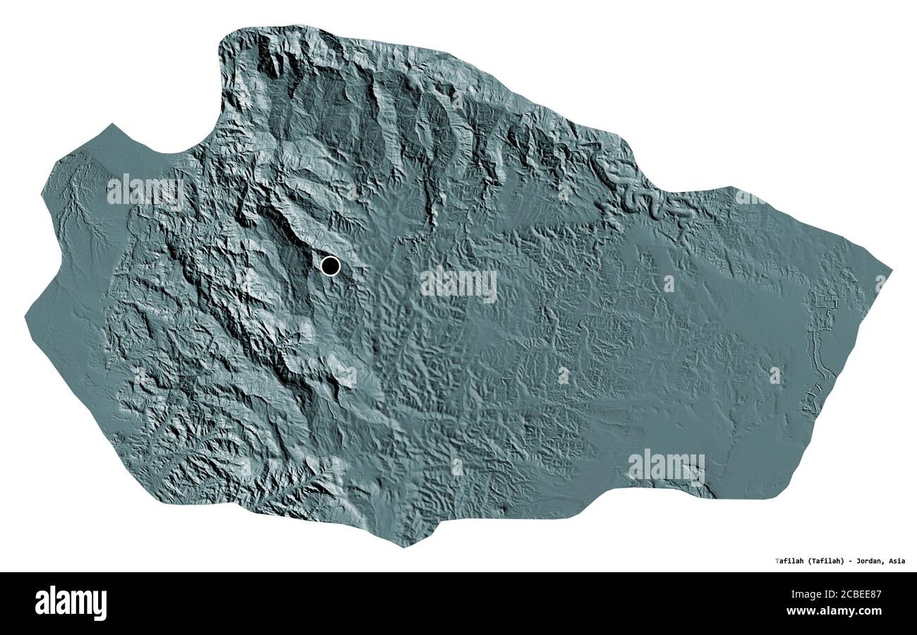 Shape of Tafilah, province of Jordan, with its capital isolated on white background. Colored elevation map. 3D rendering Stock Photo