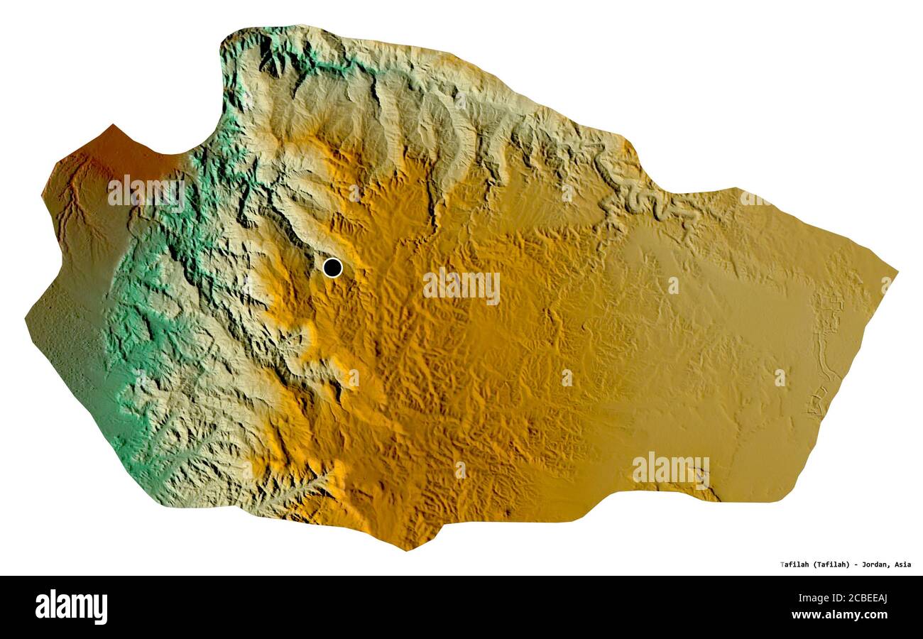 Shape of Tafilah, province of Jordan, with its capital isolated on white background. Topographic relief map. 3D rendering Stock Photo