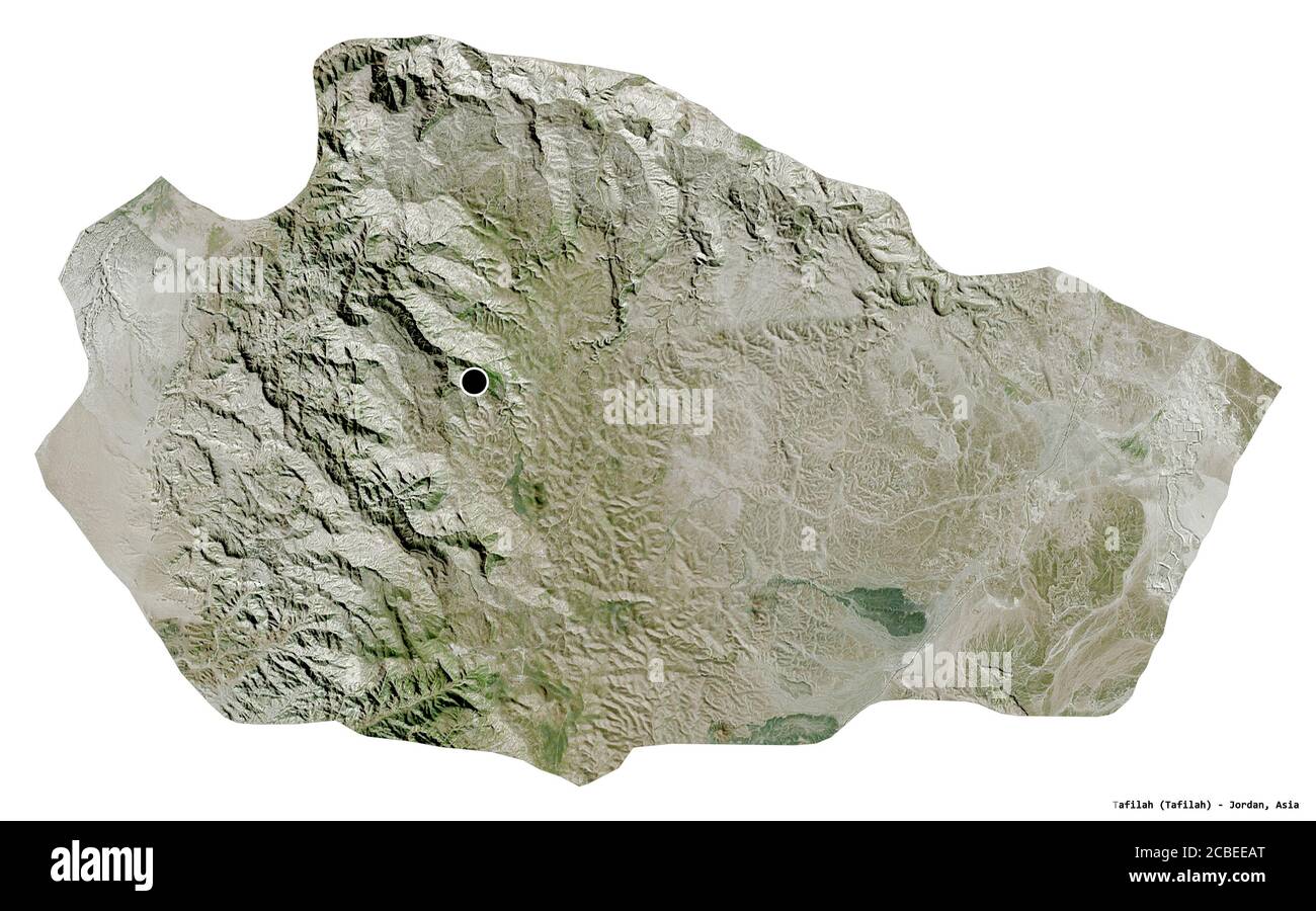 Shape of Tafilah, province of Jordan, with its capital isolated on white background. Satellite imagery. 3D rendering Stock Photo