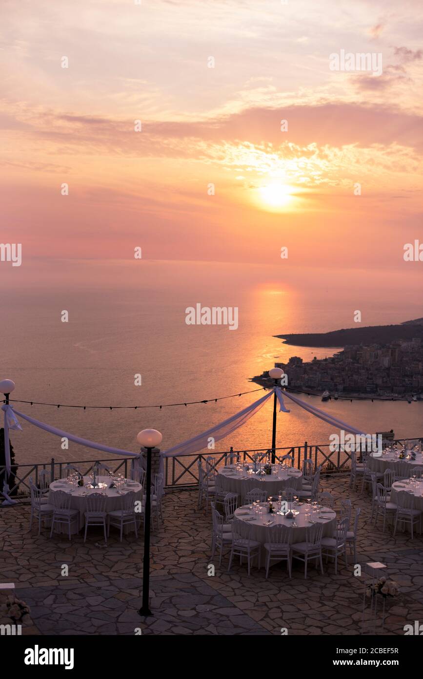 Wedding set up on the beach sunset Stock Photo