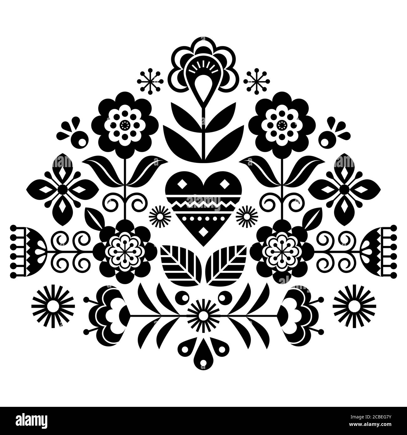 Scandinavian folk flowers vector design, cute spirng floral pattern inspired by traditional embroidery from Sweden, Norway and Denmark Stock Vector