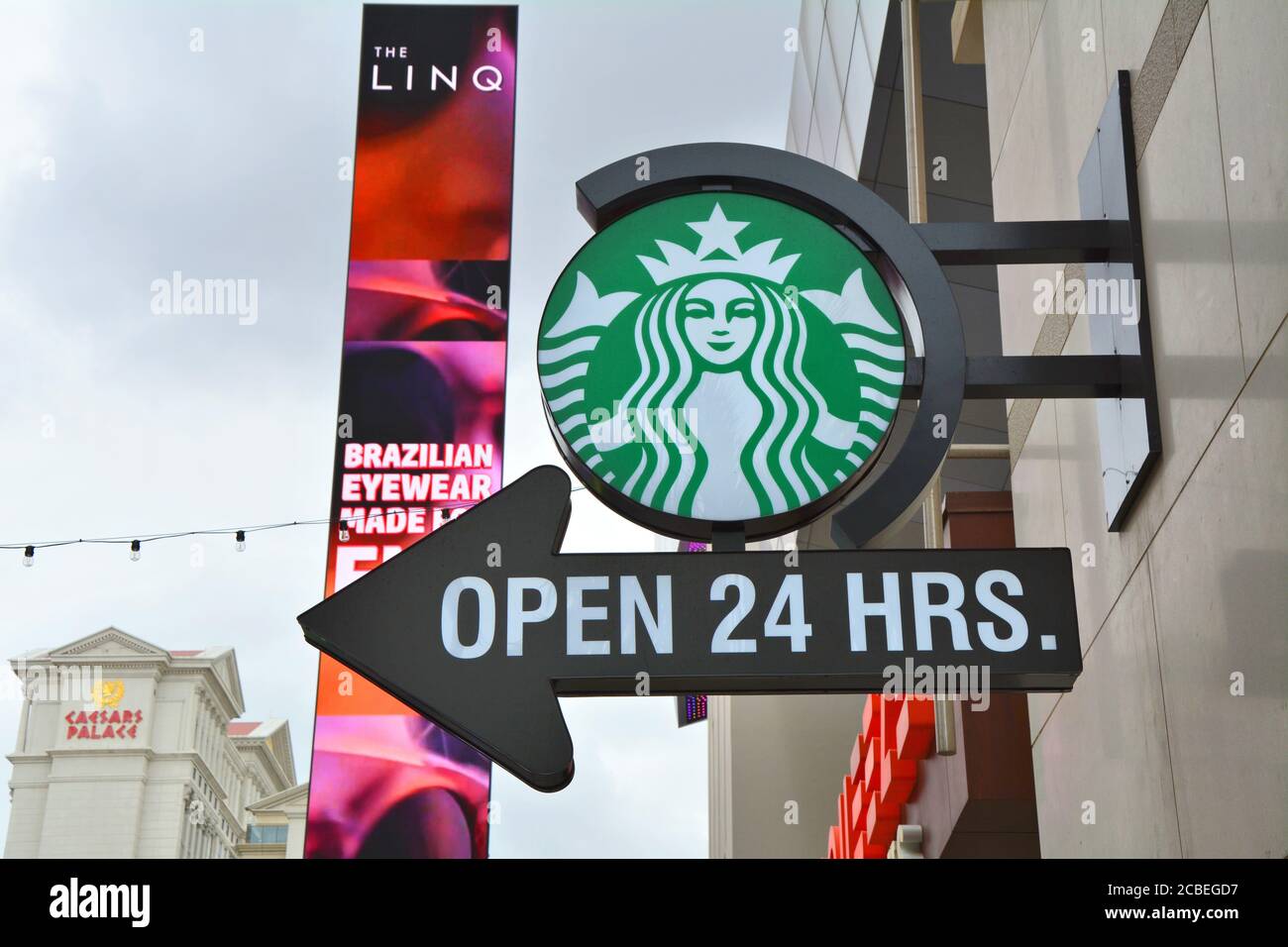 LAS VEGAS, USA - MARCH 21, 2018 : Starbucks Coffee shop logo on the Linq street in Las Vegas. Starbucks open 24 hours. Stock Photo