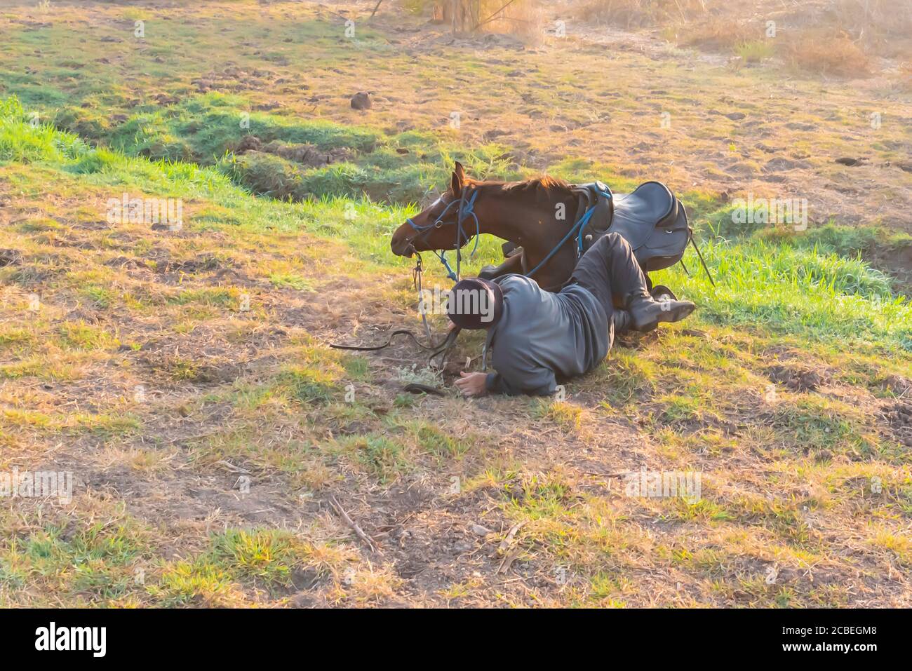 Horseback rider falls of a horse Stock Photo