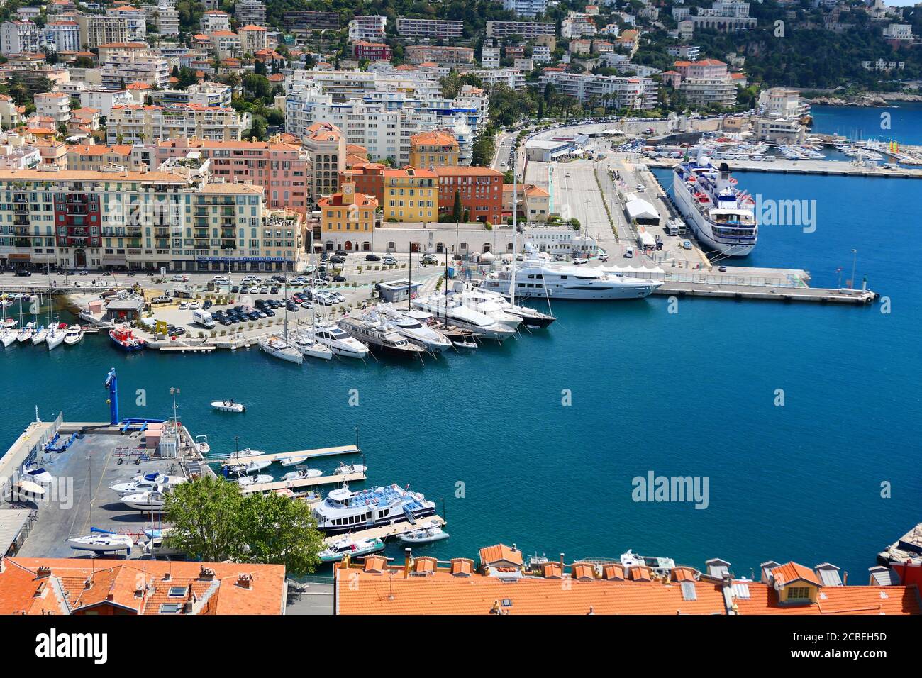 NICE, FRANCE - 04 MAY, 2019: View from above on sea Port Lympia on Mediterranean sea in Nice in Provence. Stock Photo