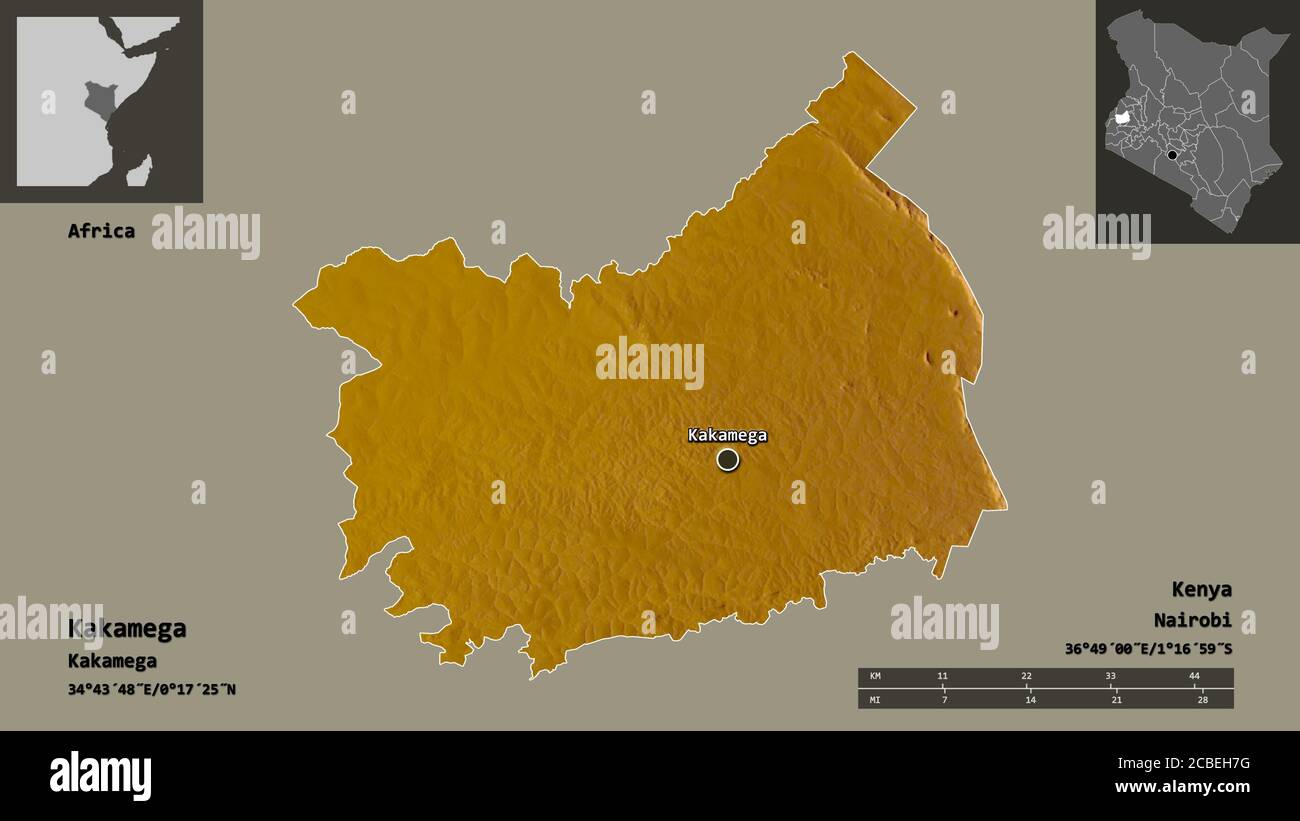 Shape of Kakamega, county of Kenya, and its capital. Distance scale ...