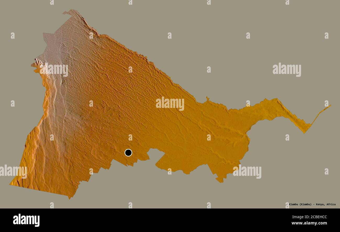 Shape of Kiambu, county of Kenya, with its capital isolated on a solid color background. Topographic relief map. 3D rendering Stock Photo