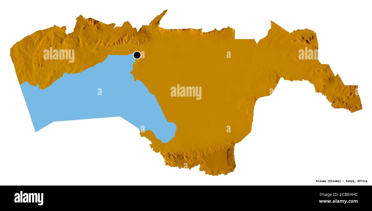 Shape of Kisumu, county of Kenya, with its capital isolated on white background. Topographic