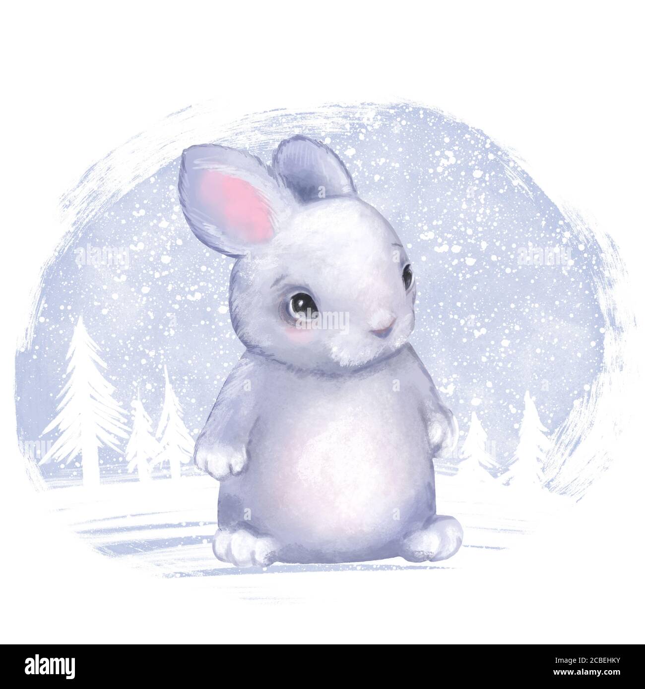 Cute winter illustration of bunny in forest. Stock Photo
