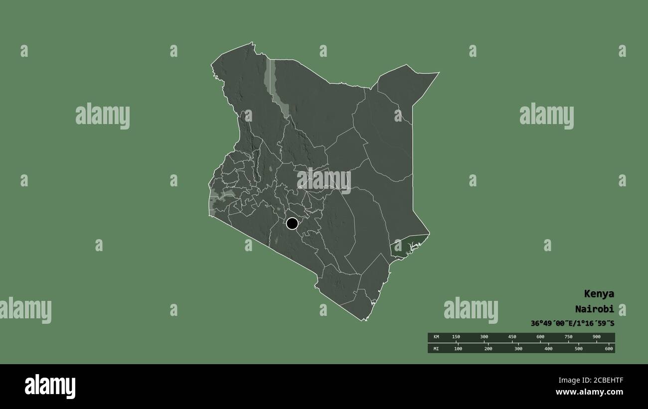 Desaturated shape of Kenya with its capital, main regional division and the separated Lamu area. Labels. Colored elevation map. 3D rendering Stock Photo