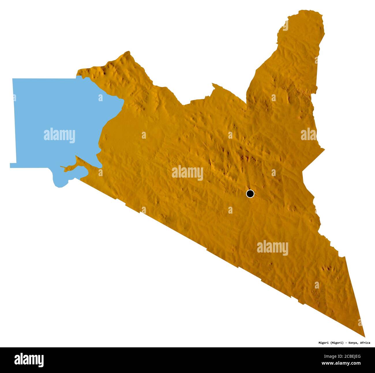 Shape of Migori, county of Kenya, with its capital isolated on white