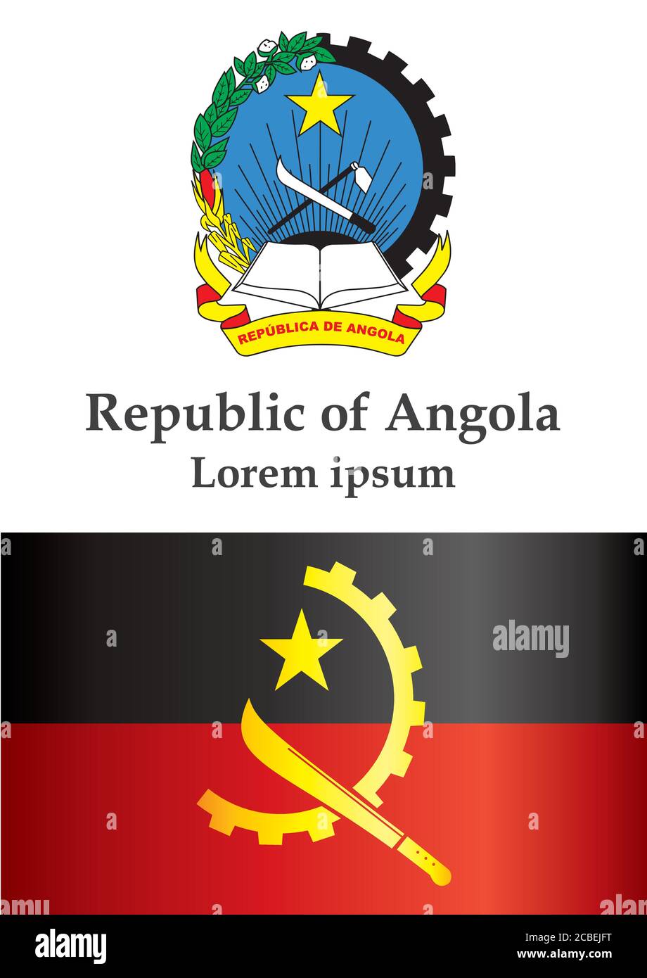 Flag of Angola, Republic of Angola. Template for award design, an official document with the flag of Angola. Bright, colorful vector illustration. Stock Vector