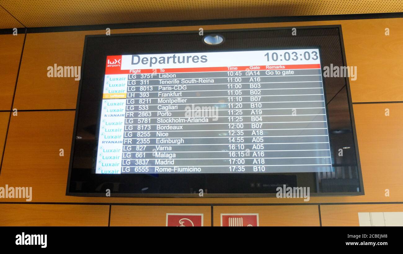 Departure board for destinations and boardings at the airport terminal. Flight schedule Stock Photo