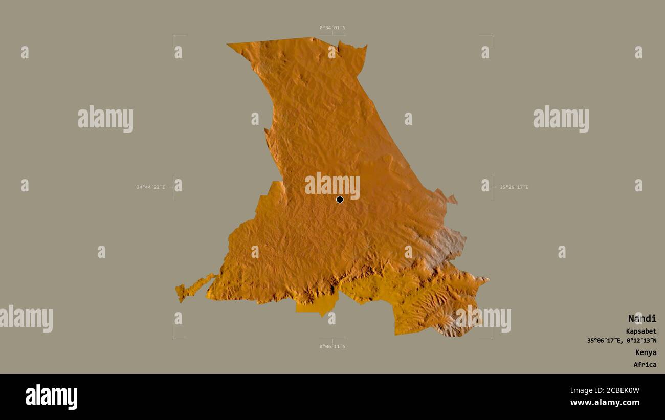 Map Of Nandi County Area Of Nandi, County Of Kenya, Isolated On A Solid Background In A  Georeferenced Bounding Box. Labels. Topographic Relief Map. 3D Rendering  Stock Photo - Alamy