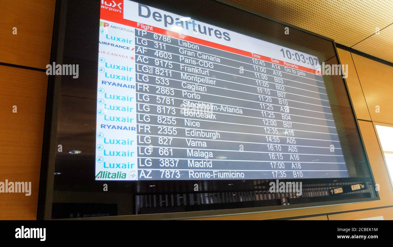 Departure board for destinations and boardings at the airport terminal. Flight schedule Stock Photo