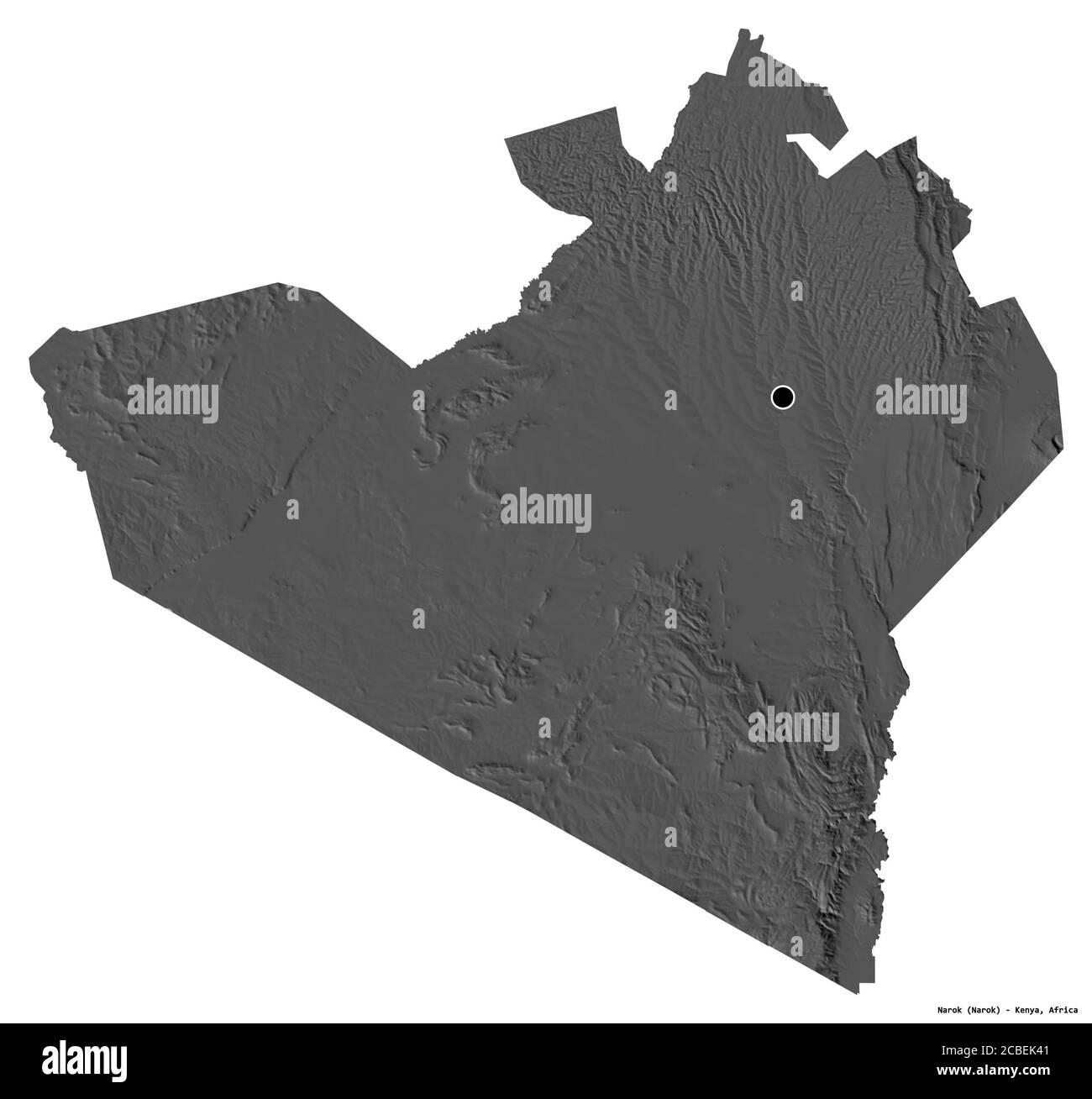 Shape of Narok, county of Kenya, with its capital isolated on white background. Bilevel elevation map. 3D rendering Stock Photo