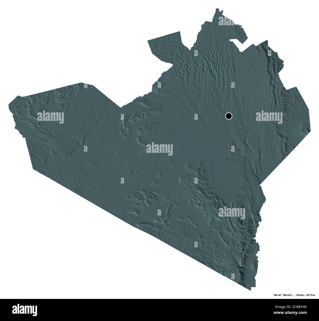 Shape of Narok, county of Kenya, with its capital isolated on white background. Colored elevation map. 3D rendering Stock Photo