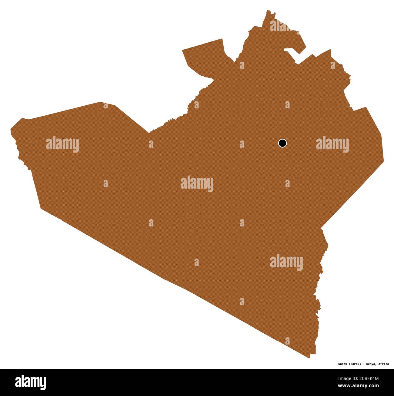 Shape of Narok, county of Kenya, with its capital isolated on white background. Composition of patterned textures. 3D rendering Stock Photo