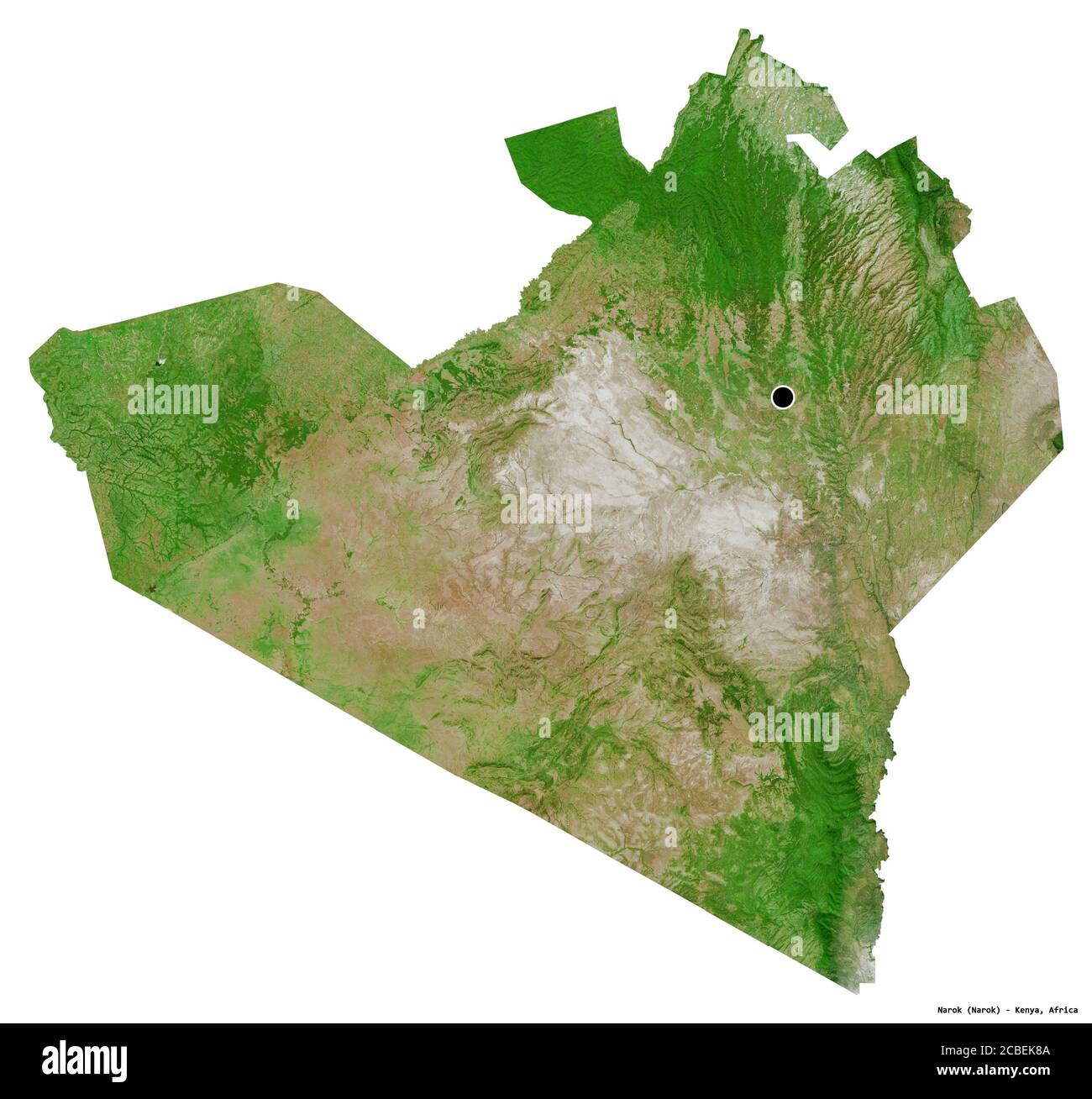 Shape of Narok, county of Kenya, with its capital isolated on white background. Satellite imagery. 3D rendering Stock Photo