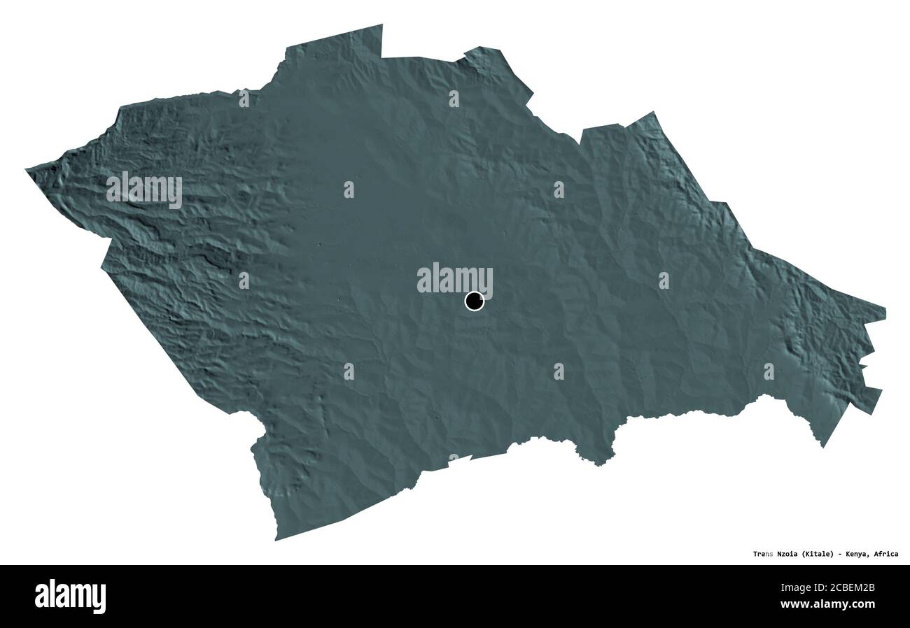 Shape of Trans Nzoia, county of Kenya, with its capital isolated on white background. Colored elevation map. 3D rendering Stock Photo