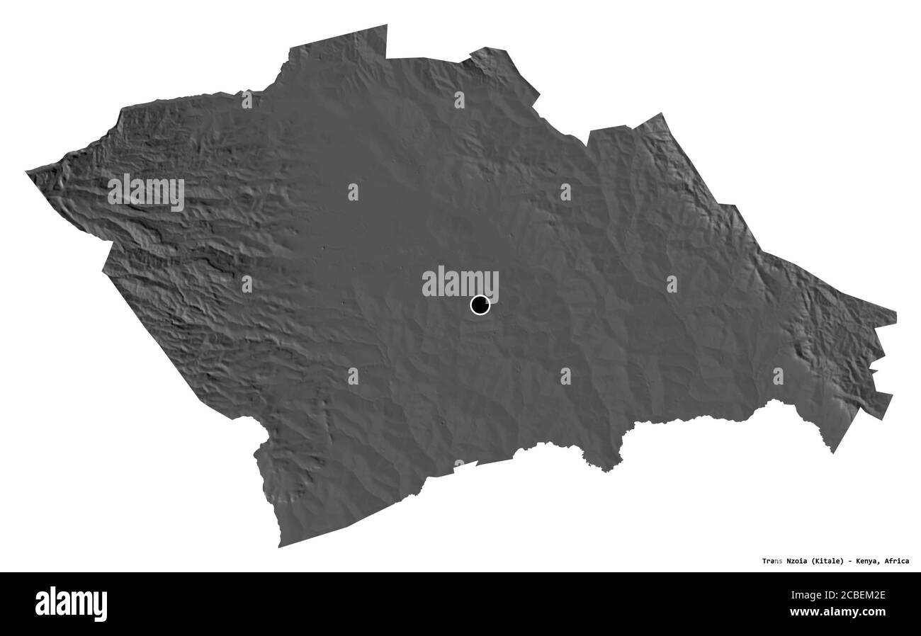Shape of Trans Nzoia, county of Kenya, with its capital isolated on white background. Bilevel elevation map. 3D rendering Stock Photo