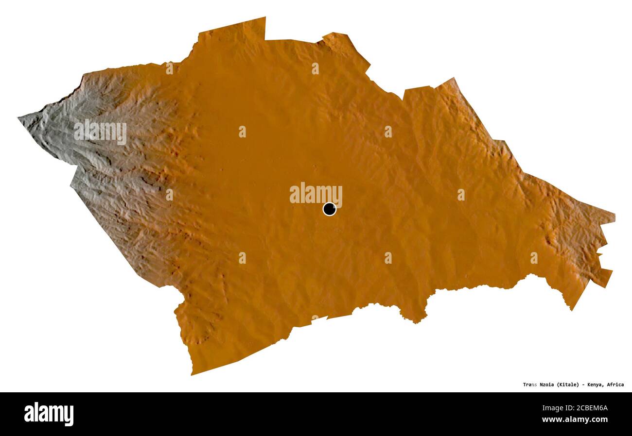 Shape of Trans Nzoia, county of Kenya, with its capital isolated on white background. Topographic relief map. 3D rendering Stock Photo