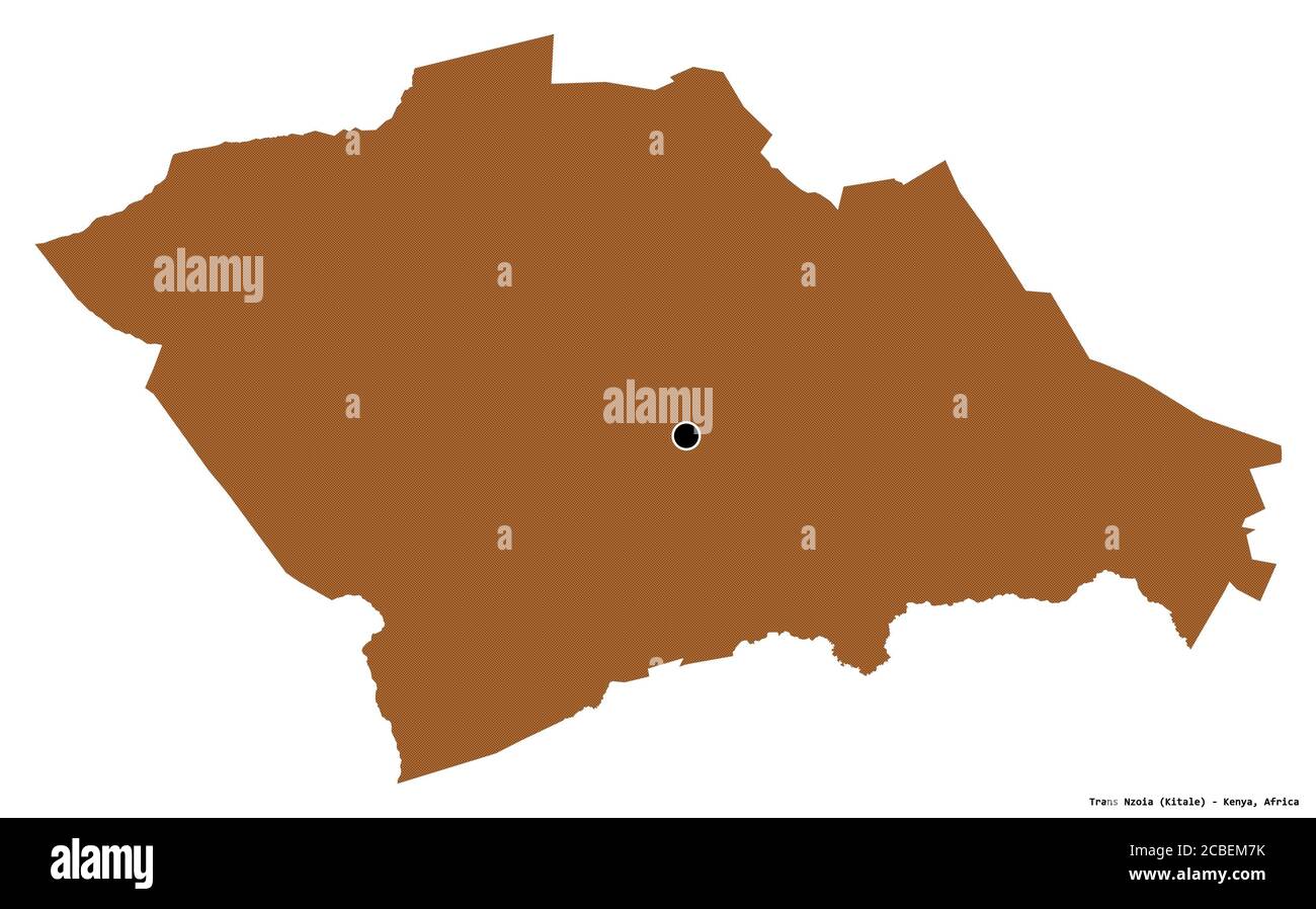 Shape of Trans Nzoia, county of Kenya, with its capital isolated on white background. Composition of patterned textures. 3D rendering Stock Photo