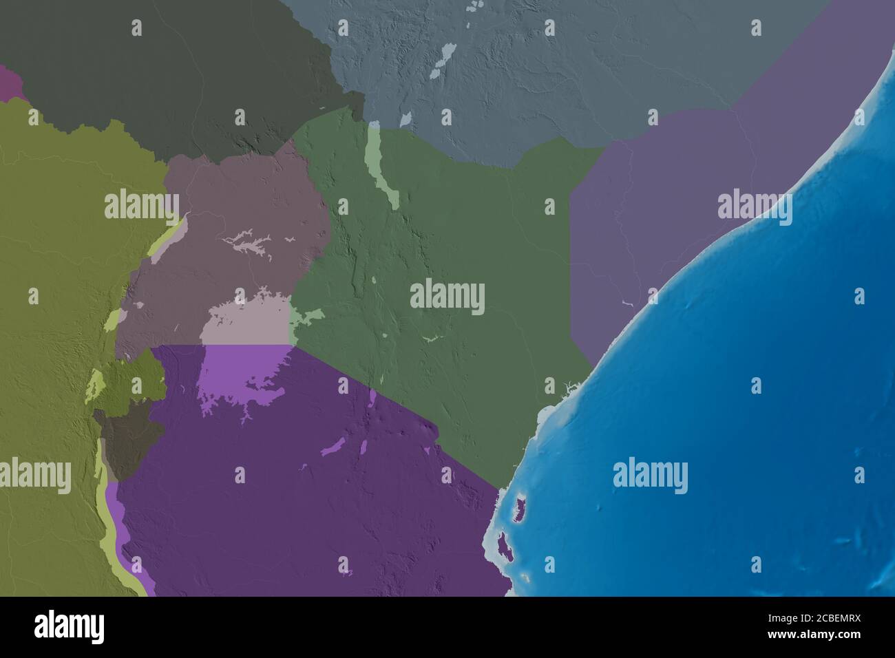 Extended area of Kenya. Colored elevation map. 3D rendering Stock Photo