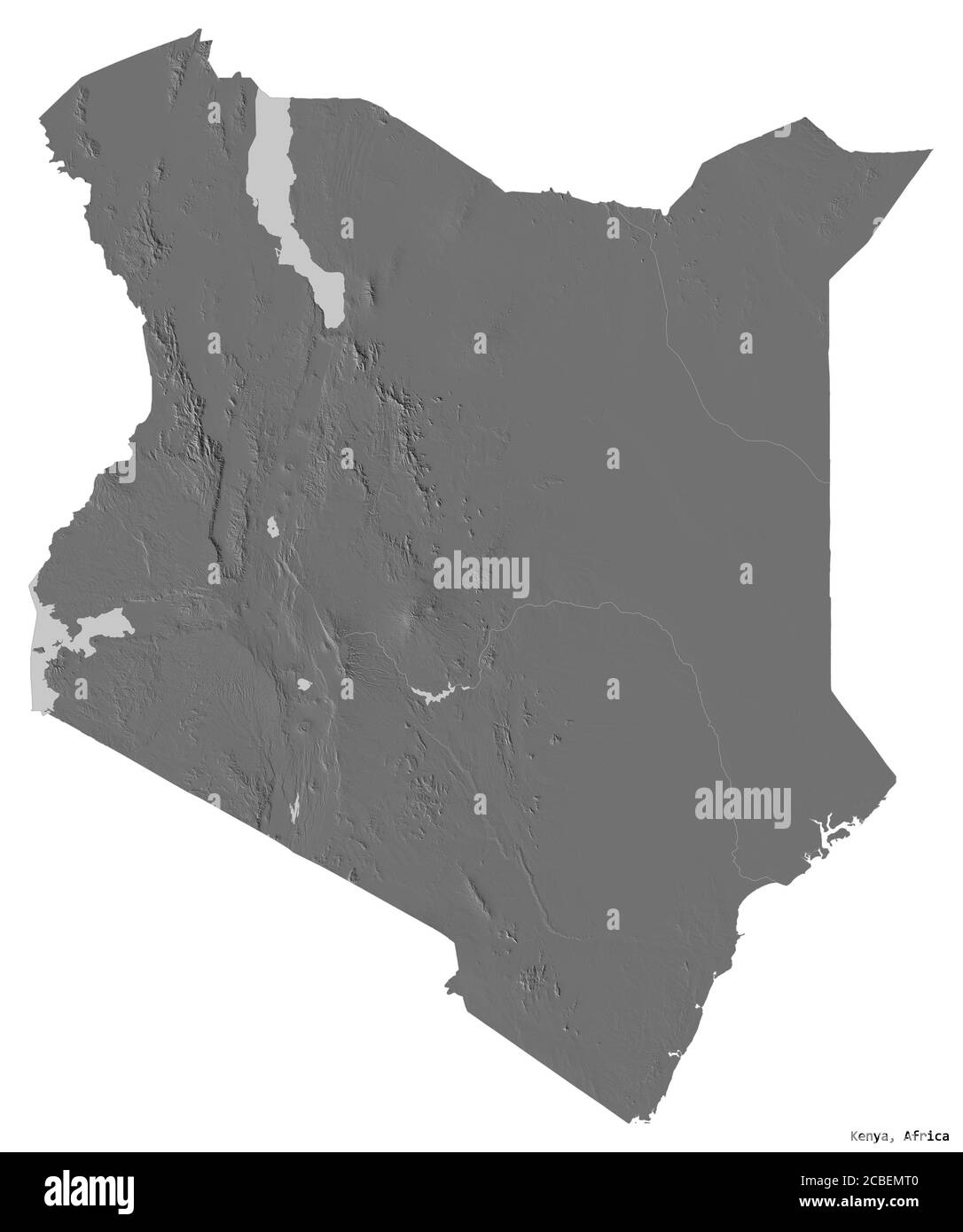 Shape of Kenya with its capital isolated on white background. Bilevel