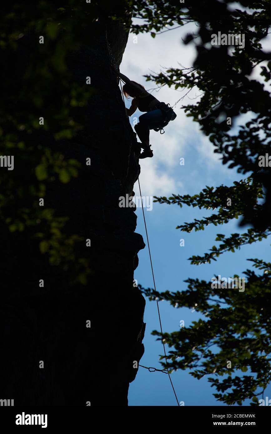 Vertical snapshot of a silhouette female figure climbing up the dark rock against blue sky, green leaves below. Low angle view. Concept of mountain sport Stock Photo