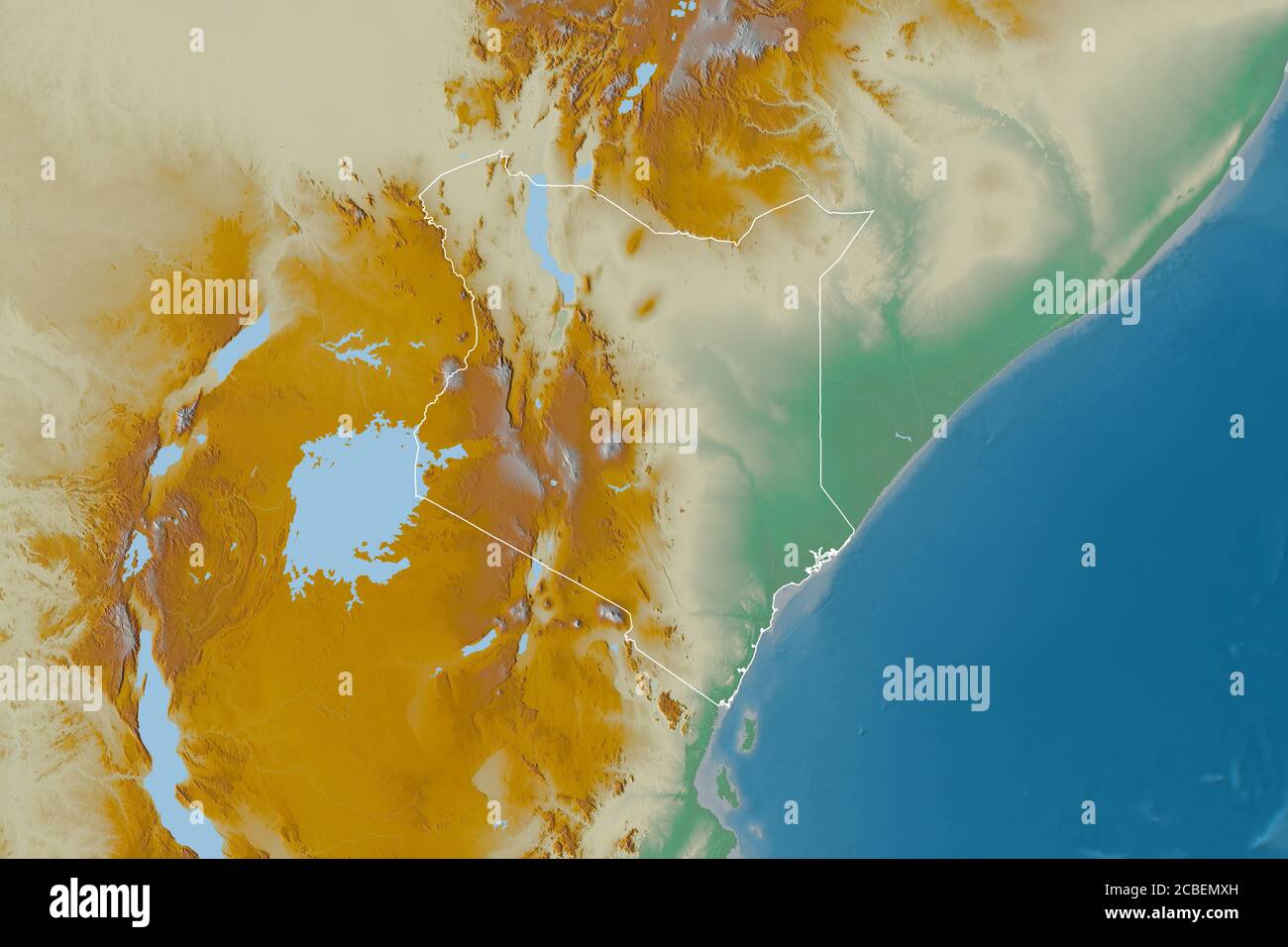 Extended area of outlined Kenya. Topographic relief map. 3D rendering