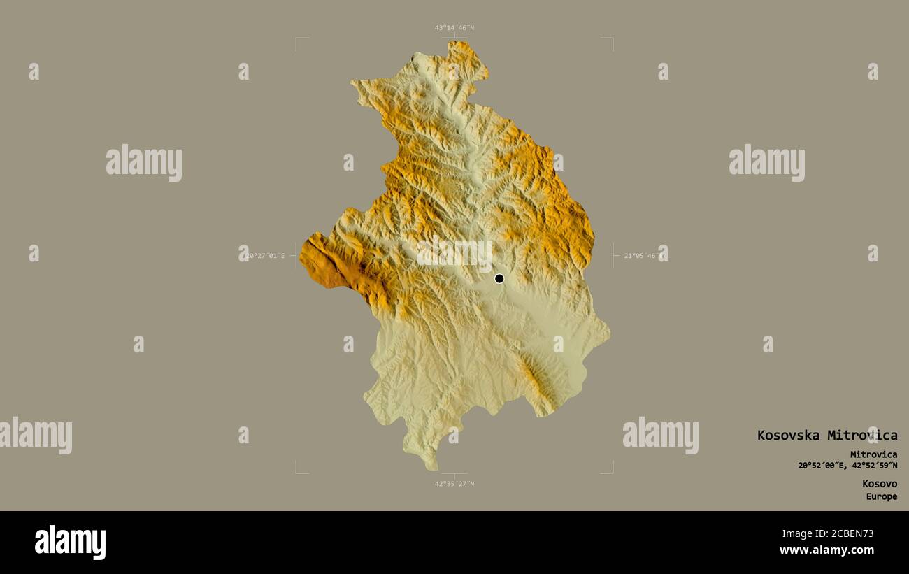 Area of Kosovska Mitrovica, district of Kosovo, isolated on a solid background in a georeferenced bounding box. Labels. Topographic relief map. 3D ren Stock Photo