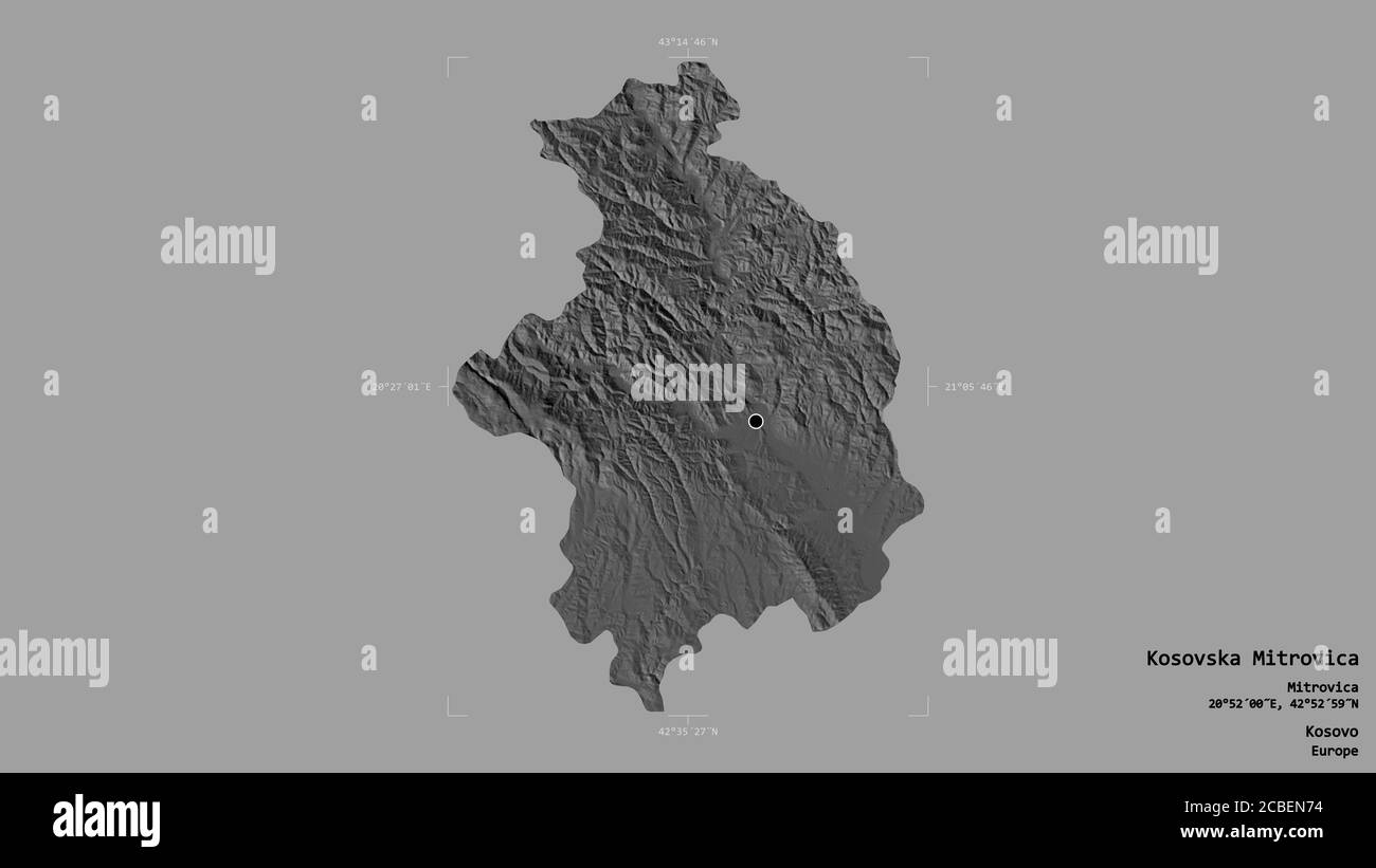 Area of Kosovska Mitrovica, district of Kosovo, isolated on a solid background in a georeferenced bounding box. Labels. Bilevel elevation map. 3D rend Stock Photo