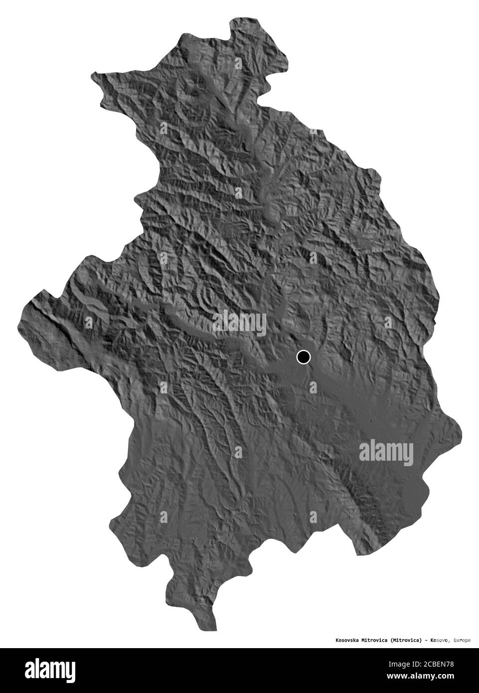 Shape of Kosovska Mitrovica, district of Kosovo, with its capital isolated on white background. Bilevel elevation map. 3D rendering Stock Photo