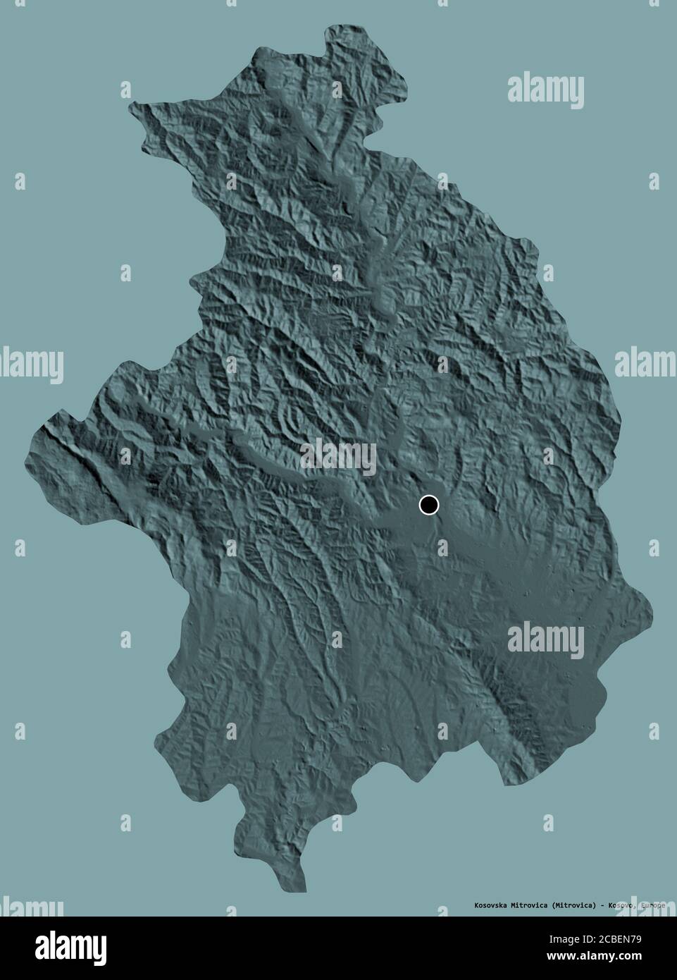Shape of Kosovska Mitrovica, district of Kosovo, with its capital isolated on a solid color background. Colored elevation map. 3D rendering Stock Photo