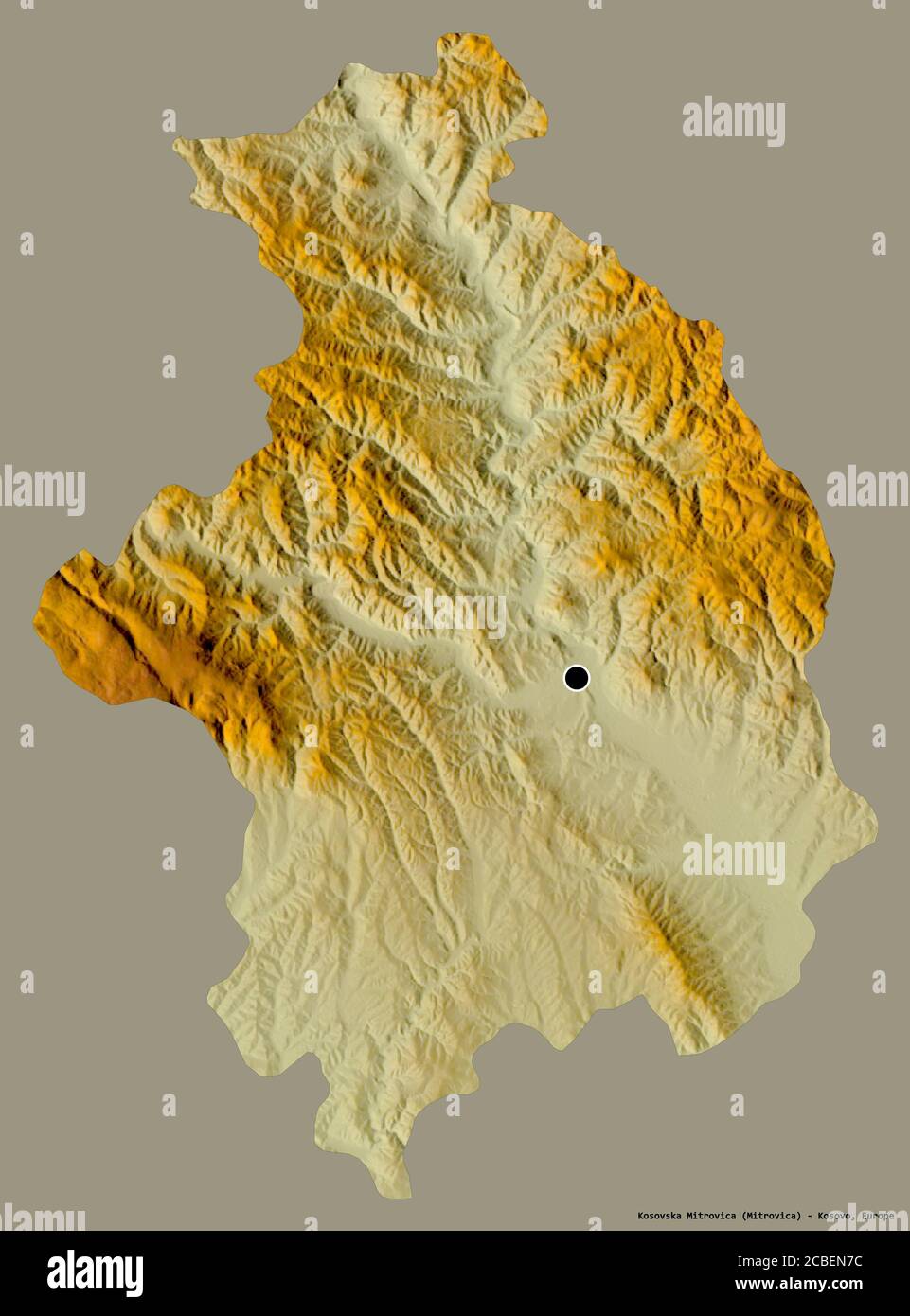 Shape of Kosovska Mitrovica, district of Kosovo, with its capital isolated on a solid color background. Topographic relief map. 3D rendering Stock Photo