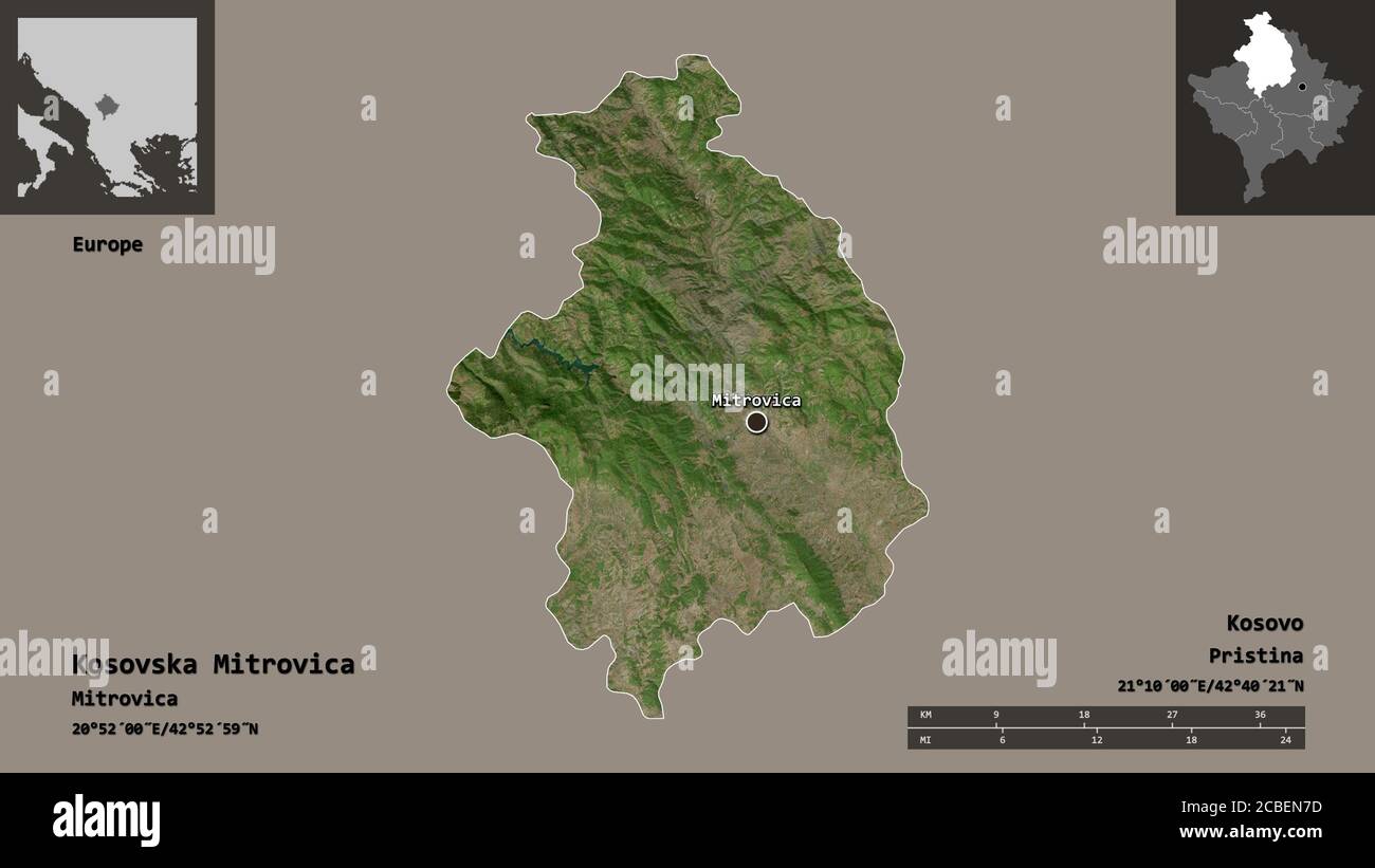 Shape of Kosovska Mitrovica, district of Kosovo, and its capital. Distance scale, previews and labels. Satellite imagery. 3D rendering Stock Photo