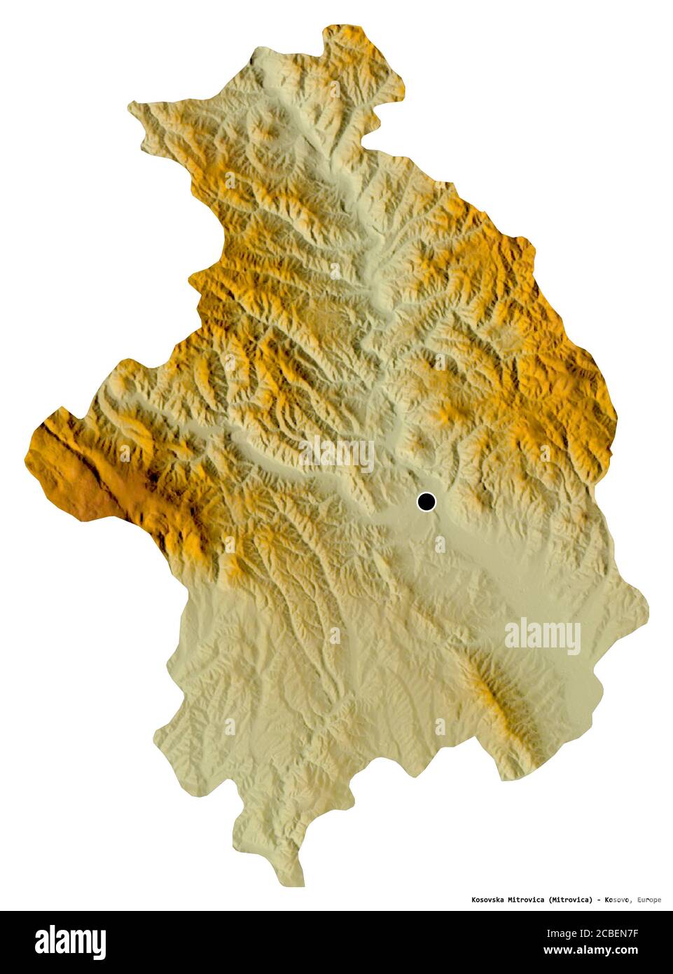 Shape of Kosovska Mitrovica, district of Kosovo, with its capital isolated on white background. Topographic relief map. 3D rendering Stock Photo