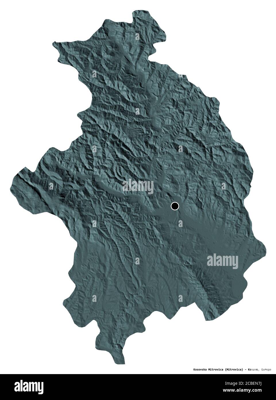 Shape of Kosovska Mitrovica, district of Kosovo, with its capital isolated on white background. Colored elevation map. 3D rendering Stock Photo