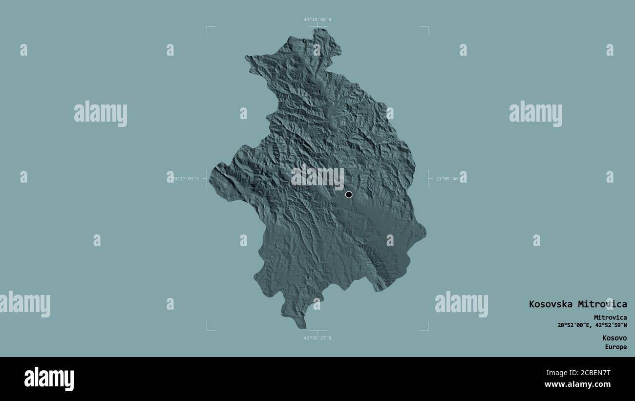 Area of Kosovska Mitrovica, district of Kosovo, isolated on a solid background in a georeferenced bounding box. Labels. Colored elevation map. 3D rend Stock Photo