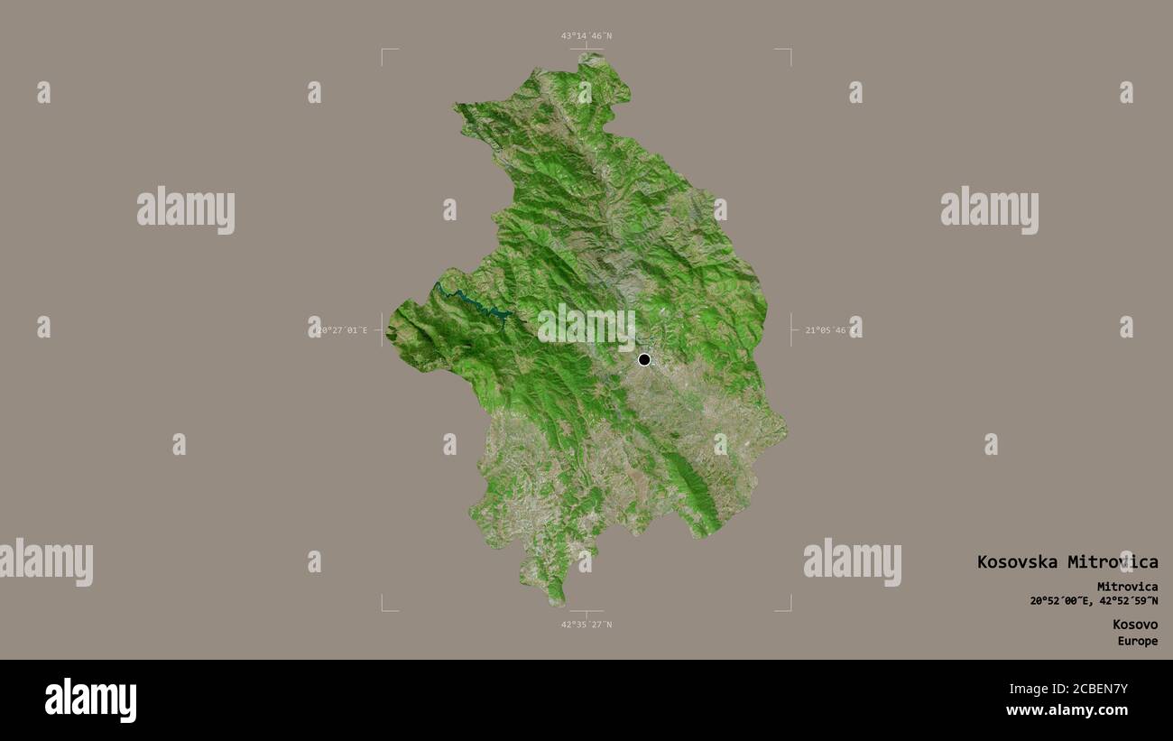 Area of Kosovska Mitrovica, district of Kosovo, isolated on a solid background in a georeferenced bounding box. Labels. Satellite imagery. 3D renderin Stock Photo