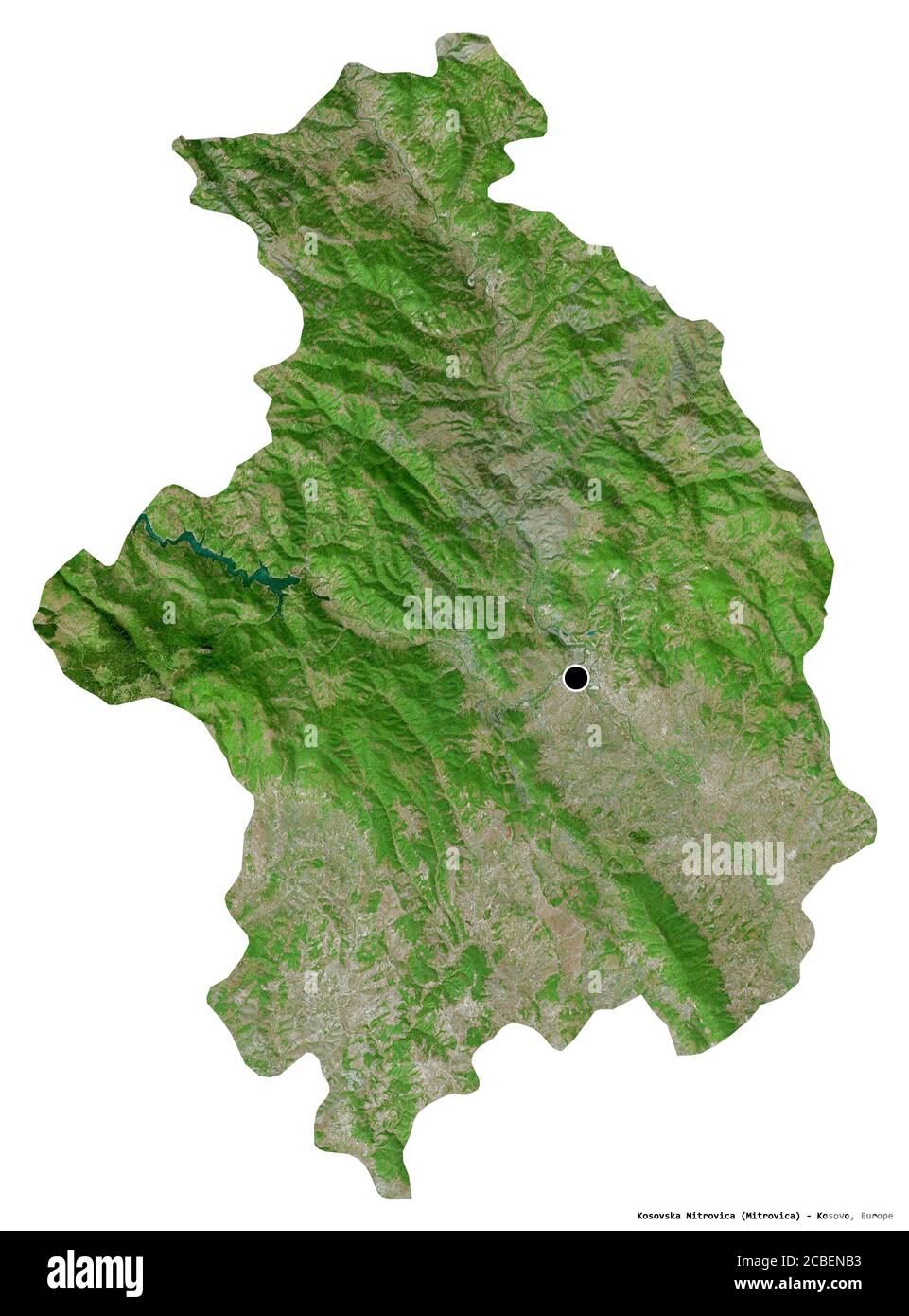Shape of Kosovska Mitrovica, district of Kosovo, with its capital isolated on white background. Satellite imagery. 3D rendering Stock Photo