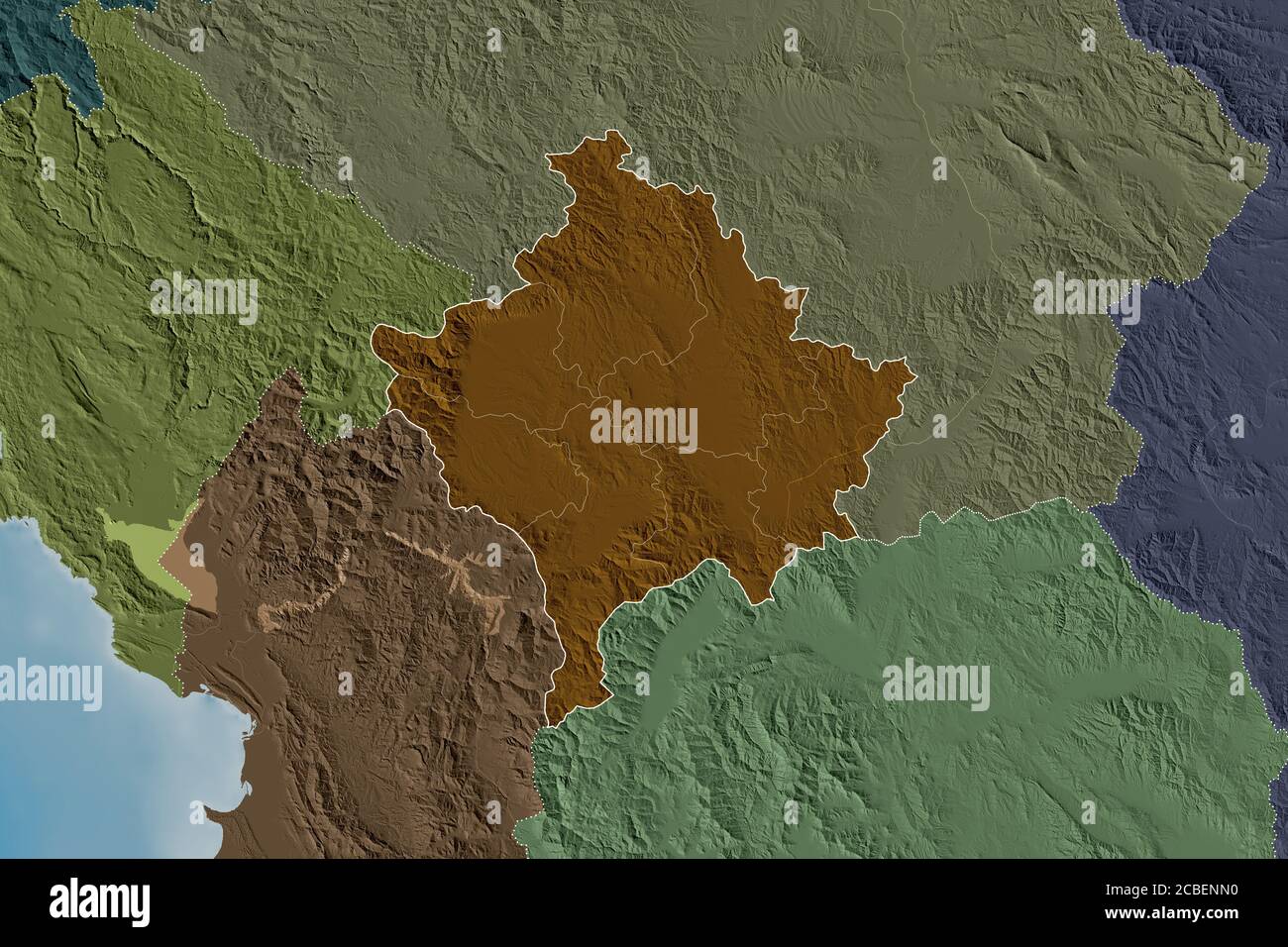 Extended area of Kosovo with country outline, international and ...